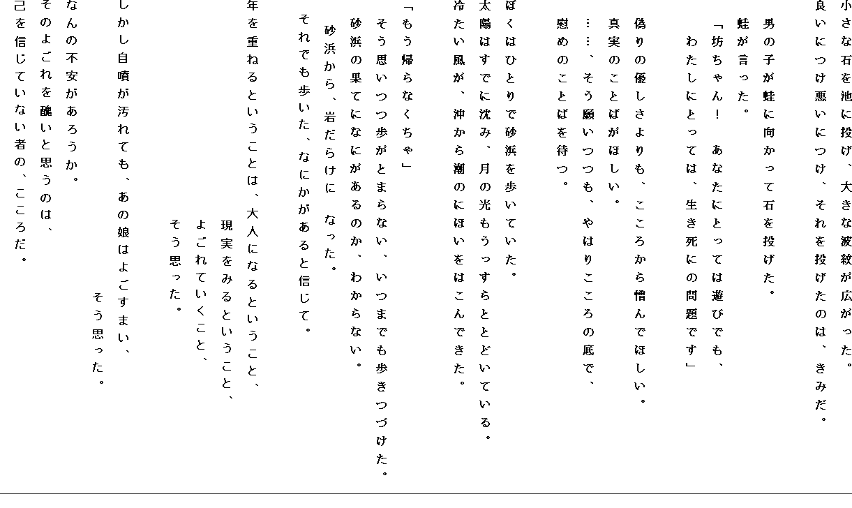 �����Ȑ΂�r�ɓ����A�傫�Ȕg�䂪�L�������B
�ǂ��ɂ������ɂ��A����𓊂����̂́A���݂��B

�@�j�̎q���^�Ɍ������Đ΂𓊂����B
�@�^���������B
�@�u�V�����I�@���Ȃ��ɂƂ��Ă͗V�тł��A
�@�@�킽���ɂƂ��ẮA�������ɂ̖��ł��v

�@�U��̗D���������A�����납�瑞��łق����B
�@�^���̂��Ƃ΂��ق����B
�@�c�c�A�����肢���A��͂肱����̒�ŁA
�@�Ԃ߂̂��Ƃ΂�҂B

�ڂ��͂ЂƂ�ō��l������Ă����B
���z�͂��łɒ��݁A���̌�����������ƂƂǂ��Ă���B
�₽�������A�����璪�̂ɂق����͂���ł����B

�u�����A��Ȃ�����v
�@�����v�������Ƃ܂�Ȃ��A���܂ł������Â����B
�@���l�̉ʂĂɂȂɂ�����̂��A�킩��Ȃ��B
�@�@���l����A�₾�炯�Ɂ@�Ȃ����B
�@����ł��������A�Ȃɂ�������ƐM���āB

�N���d�˂�Ƃ������Ƃ́A��l�ɂȂ�Ƃ������ƁA
�@�@�@�@�@�@�@�@�@�@�@�@�@�@�@�������݂�Ƃ������ƁA
�@�@�@�@�@�@�@�@�@�@�@�@�@�@�@�悲��Ă������ƁA
�@�@�@�@�@�@�@�@�@�@�@�@�@�@�@�����v�����B

����������������Ă��A���̖��͂悲���܂��A
�@�@�@�@�@�@�@�@�@�@�@�@�@�@�@�@�@�@�@�@�����v�����B
�Ȃ�̕s�������낤���B
���̂悲����X���Ǝv���̂́A
�Ȃ�M���Ă��Ȃ��҂́A�����낾�B
