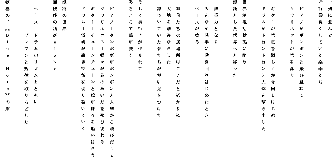 ���ɕ���Ł@
���s�V�ǂ����Ă����y�킽��

�@�s�A�m���|���|���Ɣ�ђ��˂�
�@�N�����l�b�g������j��

�@�M�^�[����C�������������񂵂͂���
�@�h�������h�J���h�J���Ƒ�C�������o����

���E��������ԂɊׂ�
���ׂƂ������E�ւƈڂ���

�@���d�͂ƂȂ�
�@�݂�Ȃ�����ɓ������͂��߂��Ƃ�
�@�x�[�X���X��

�@���O�����̋��ꏊ�͂������Ƃ΂����
�@��n�𓥂݂Ȃ炵��
�@�����Ă������������n�ɑ�������

�����ĉ��s�������܂��
���������ŉ؂��炭

�@�s�A�m�[�^���|�|���|���|���Ƒ�n�����т�����
�@�N�����l�b�g�[���X���Ԃ̂��������т܂��
�@�M�^�[�[�`���[���`���[���Ɣ������X��ǂ��͂炤
�@�h�����[����������C��؂�􂢂Ă���

���ׂ̐��E�@
�������̉䂪����������

�@�x�[�X�[�h�����̃��Y���ƂƂ���
�@�@�@�@�@�u���u���ƋK���������ǂ���

����́A�s�a�������@�m�������t�̊ف@