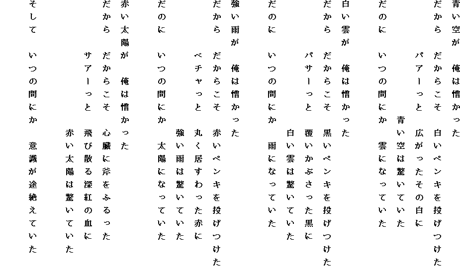 ���󂪁@���͑�������
������@�����炱���@�����y���L�𓊂�����
�@�@�@�@�p�A�[���Ɓ@�L���������̔���
�@�@�@�@�@�@�@�@�@����͋����Ă���
���̂Ɂ@���̊Ԃɂ��@�_�ɂȂ��Ă���

�����_���@���͑�������
������@�����炱���@�����y���L�𓊂�����
�@�@�@�@�p�T�[���Ɓ@�������Ԃ���������
�@�@�@�@�@�@�@�@�@�@�����_�͋����Ă���
���̂Ɂ@���̊Ԃɂ��@�J�ɂȂ��Ă���

�����J���@���͑�������
������@�����炱���@�Ԃ��y���L�𓊂�����
�@�@�@�@�x�`�����Ɓ@�ۂ�����������Ԃ�
�@�@�@�@�@�@�@�@�@�@�����J�͋����Ă���
���̂Ɂ@���̊Ԃɂ��@���z�ɂȂ��Ă���

�Ԃ����z���@���͑�������
������@�����炱���@�S���ɕ����ӂ����
�@�@�@�@�T�A�[���Ɓ@��юU��[�g�̌���
�@�@�@�@�@�@�@�@�@�@�Ԃ����z�͋����Ă���

�����ā@���̊Ԃɂ��@�ӎ����r�₦�Ă���
